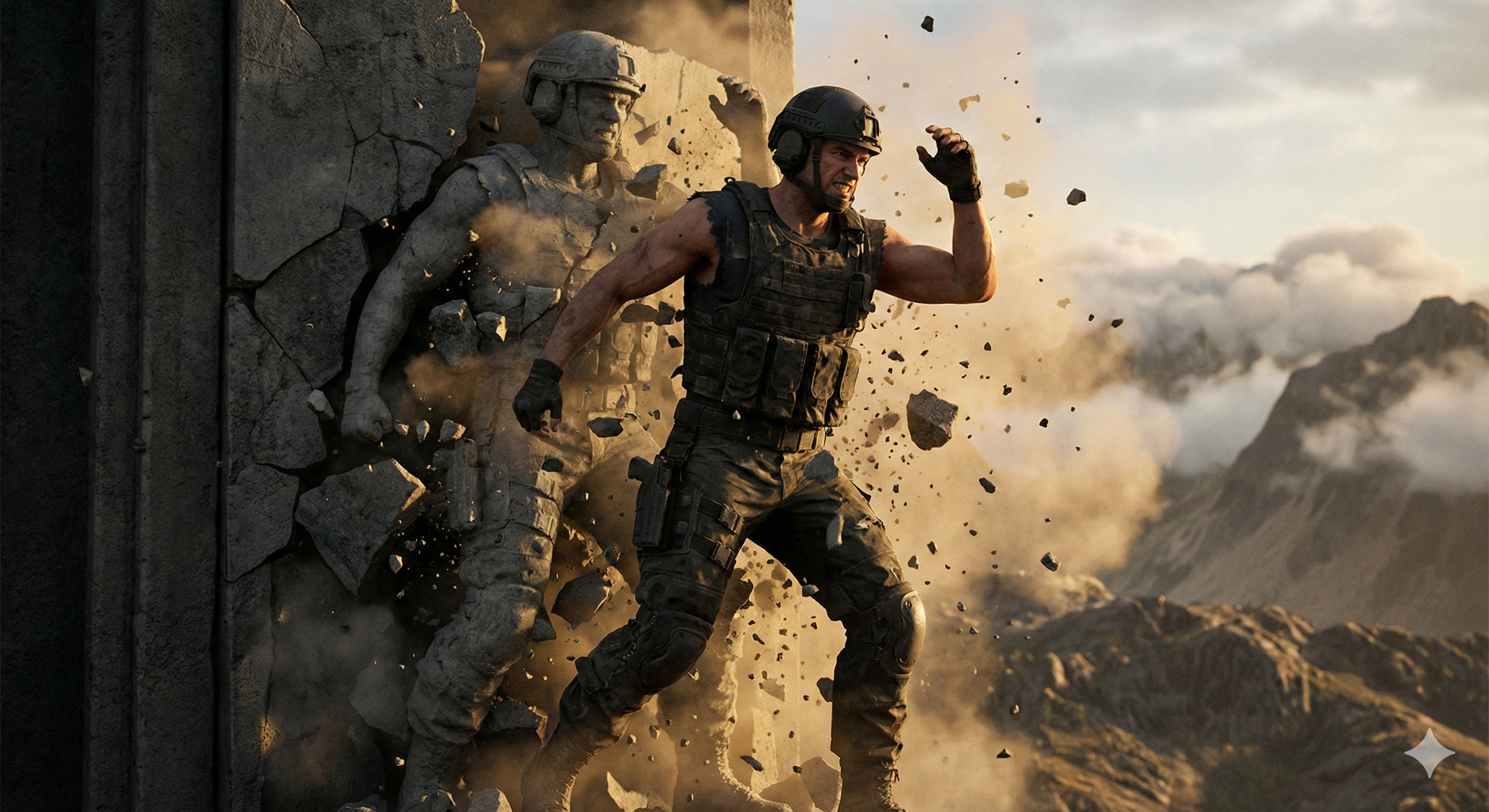 A muscular man in tactical gear breaking free from a solid concrete statue shell of himself.