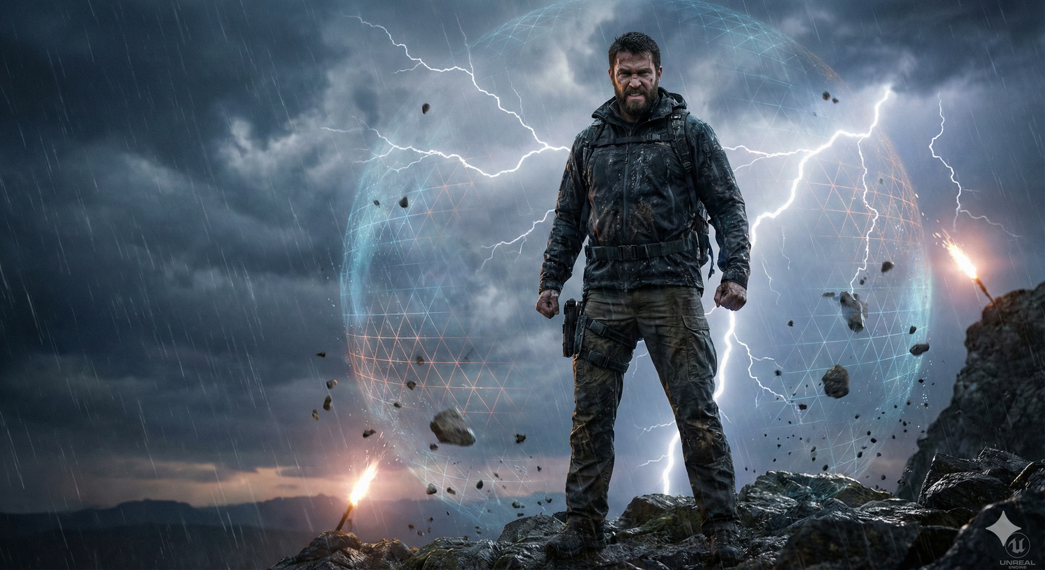 A rugged man in modern tactical streetwear standing firm in a heavy dark storm with lightning and rain.