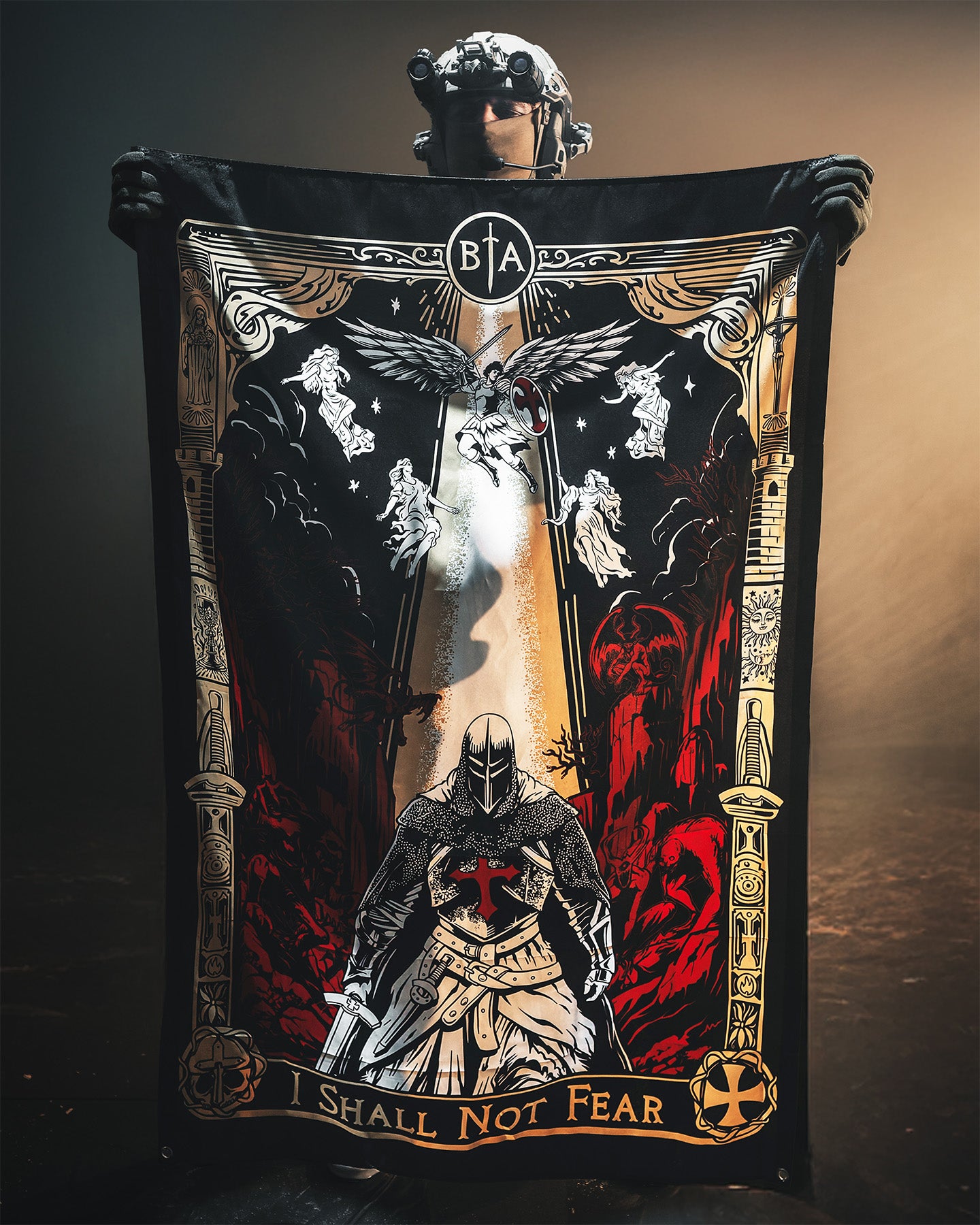 Decorative banner with a knight and angel design, featuring the text 'I Shall Not Fear' and a logo. #in_field