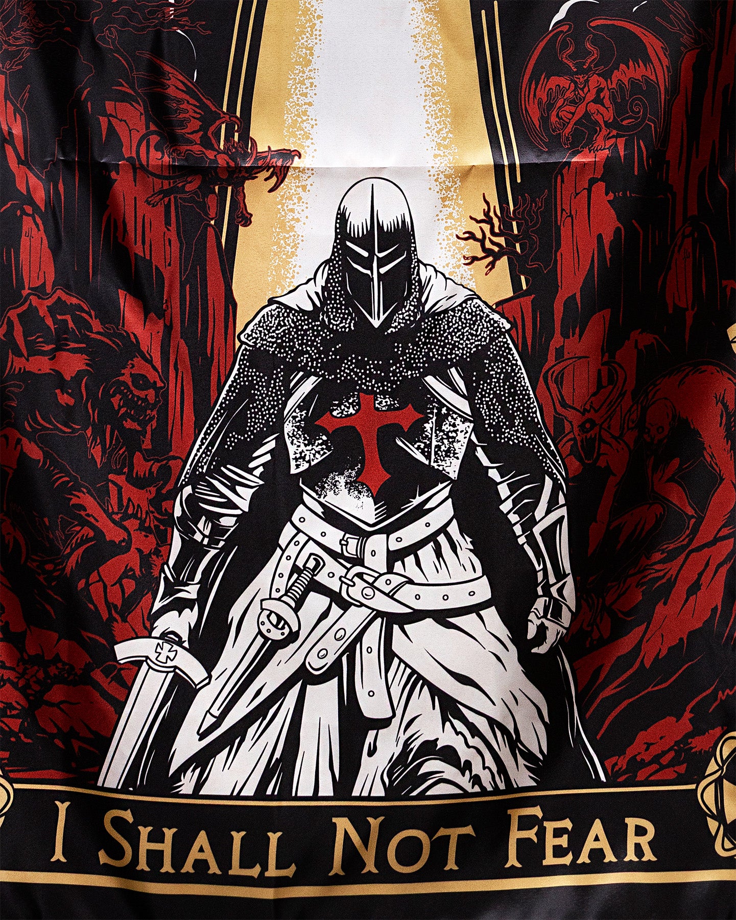 Flag with a knight in armor design and 'I Shall Not Fear' text on a red and black background.