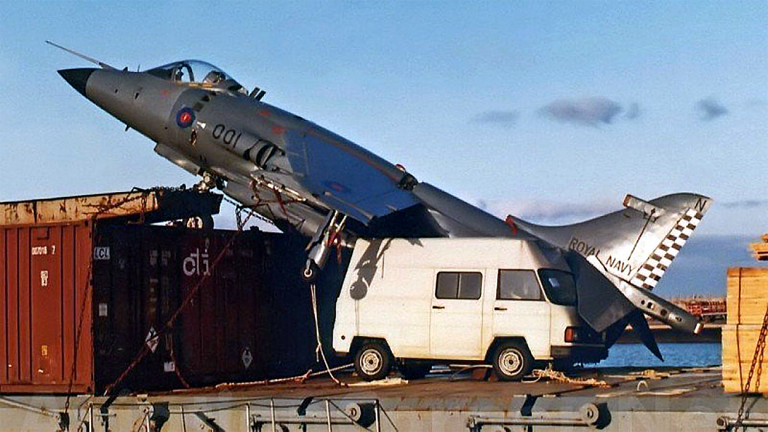 Stray Harrier makes forced landing on container ship