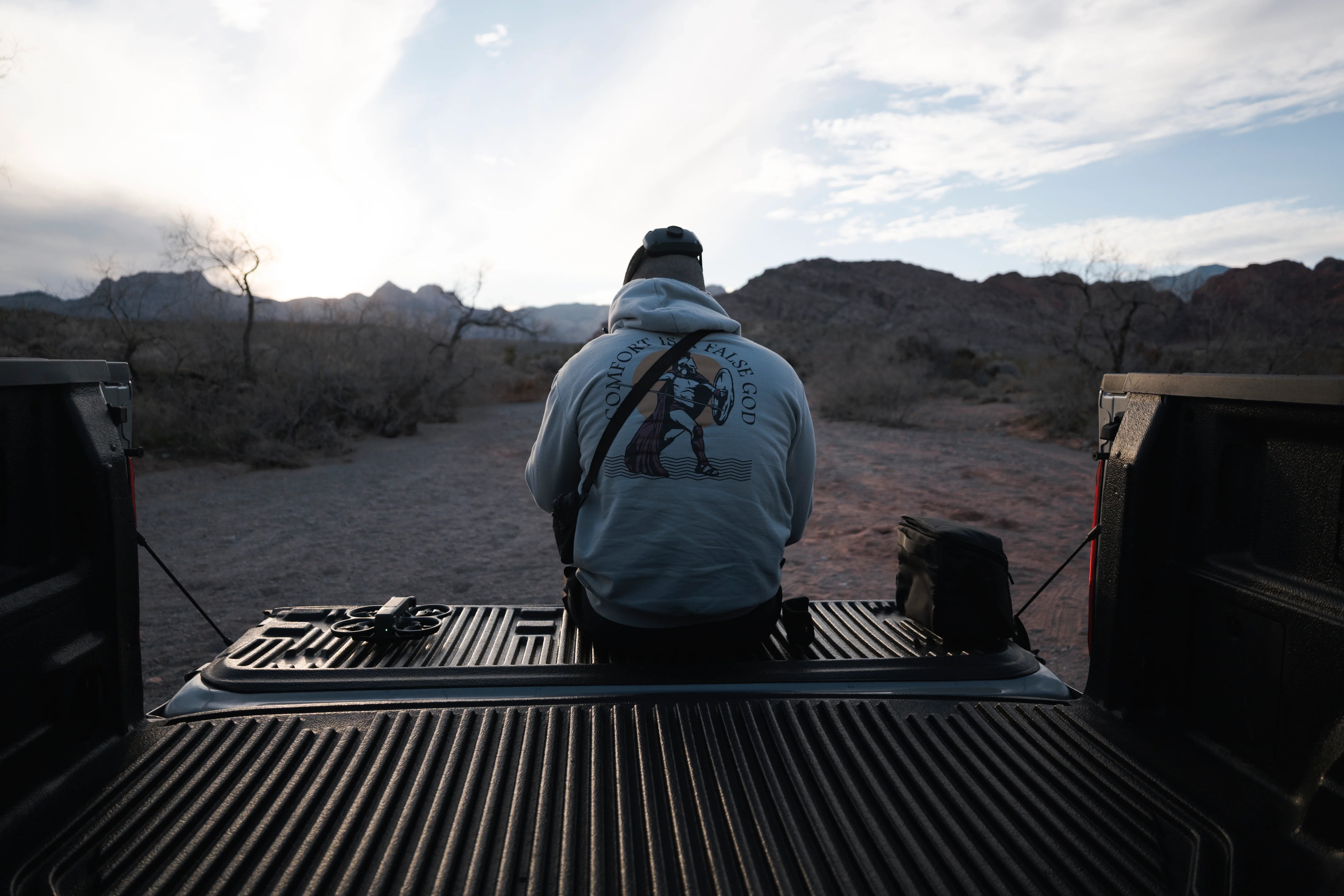Person sitting on the back of a truck looking into the wilderness.