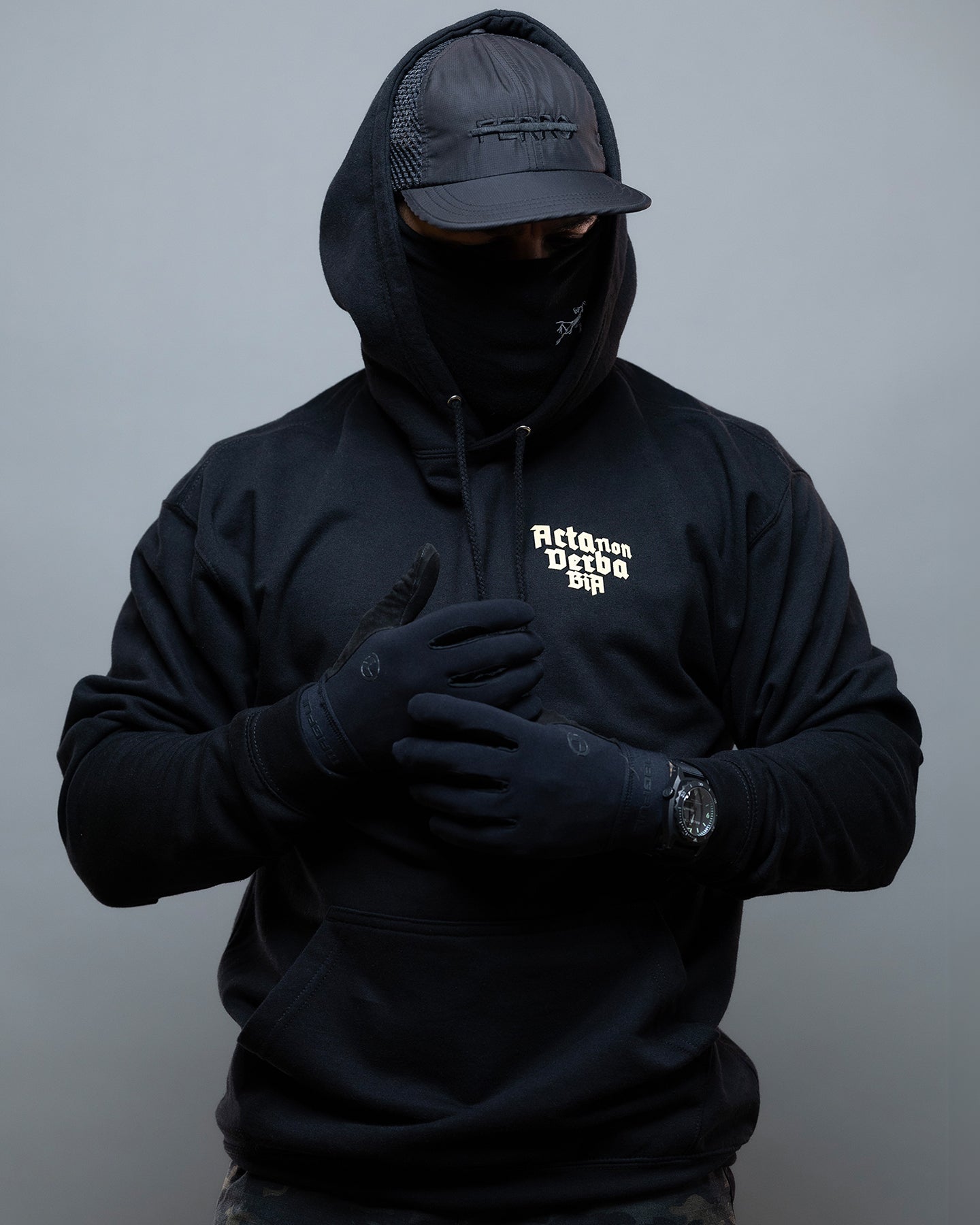 Person wearing a black hoodie with text, black cap, and gloves on a gray background - Acta Non Verba Hoodie