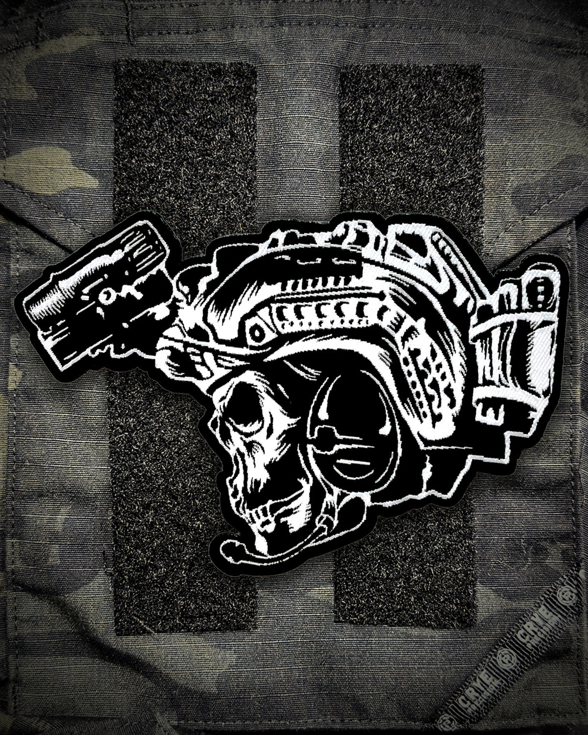 BIA patch with a skull in a helmet and night vision goggles on a velcro panel