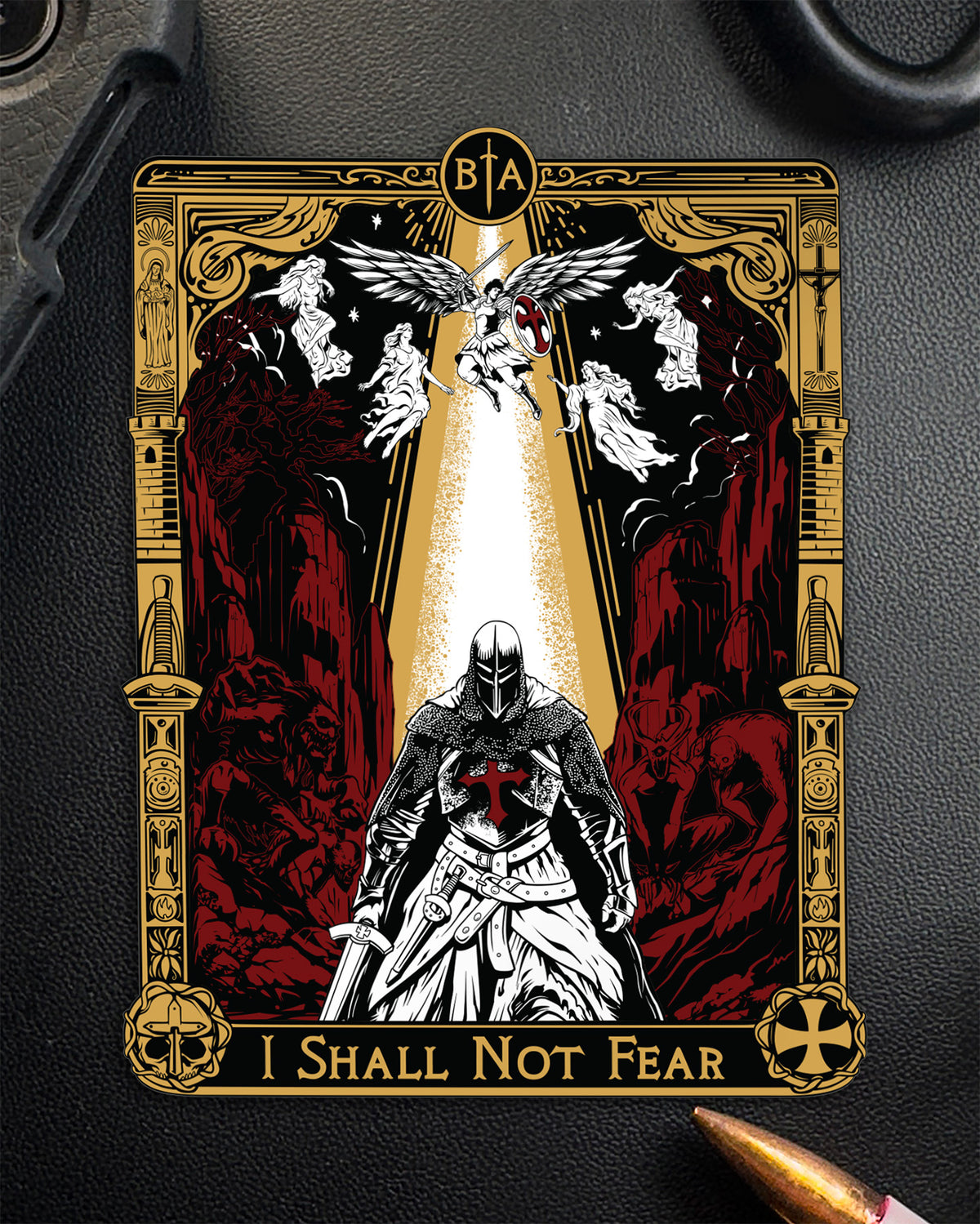 I Shall Not Fear sticker in tarot card style with gold framing