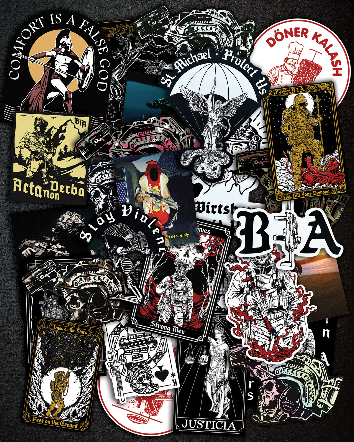 The complete BIA sticker pack laid out, showing all designs side by side