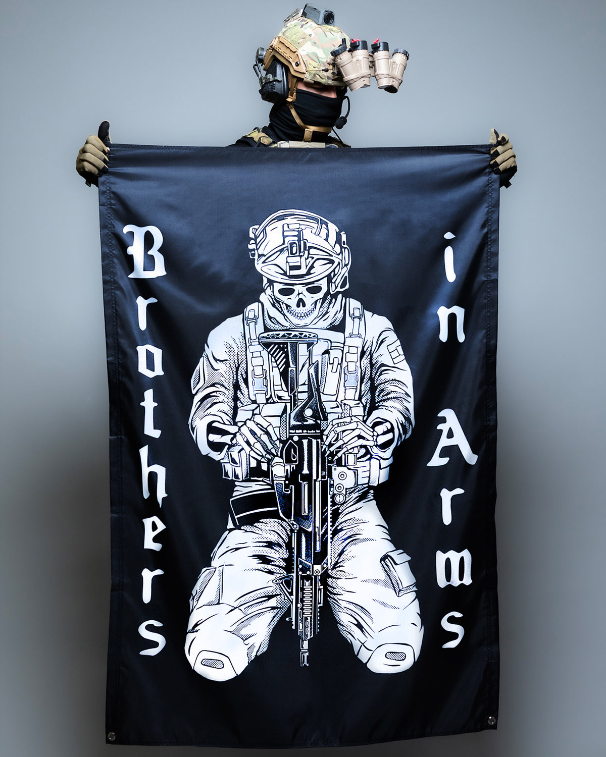 Brothers in Arms flag with a kneeling soldier and vertical lettering