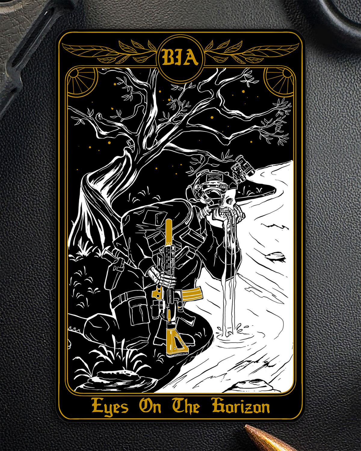 Single Eyes On The Horizon sticker in tarot card style with gold framing