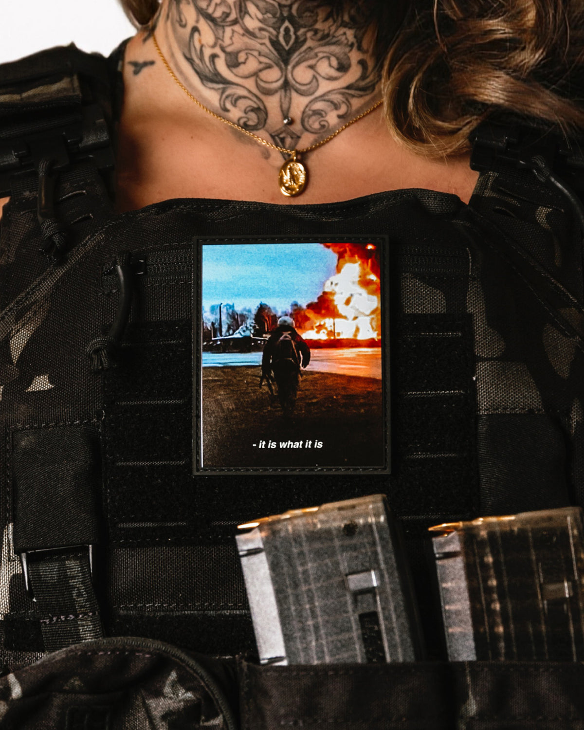 Close-up of the It Is What It Is patch attached to a plate carrier