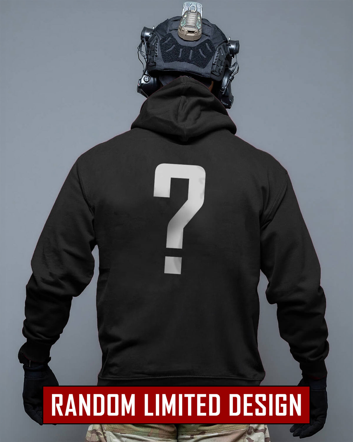 Black Mystery hoodie from behind with a large question mark print