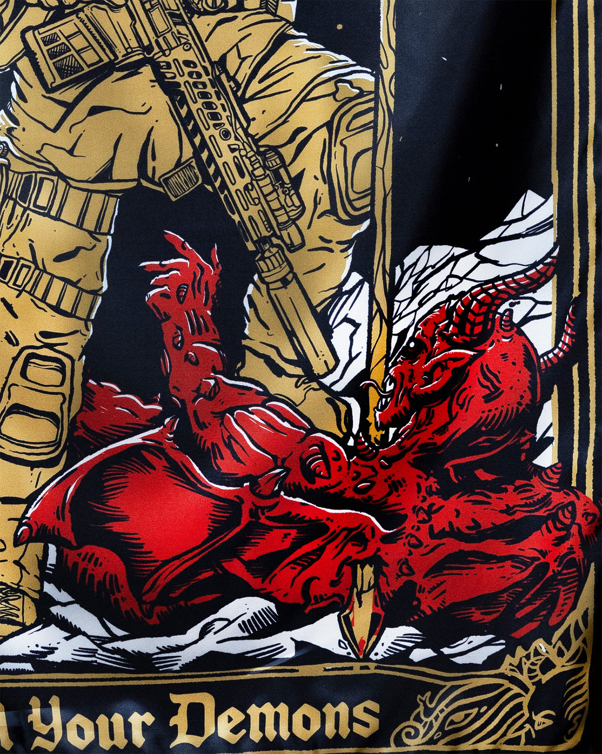 Close-up of the Kill Your Demons flag artwork in red and white