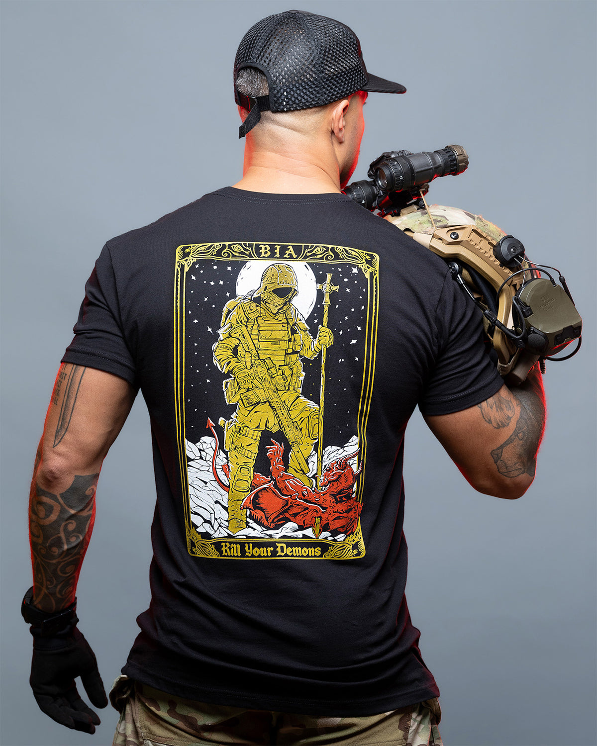 Rear view of the black Kill Your Demons T-Shirt with the tarot card back print