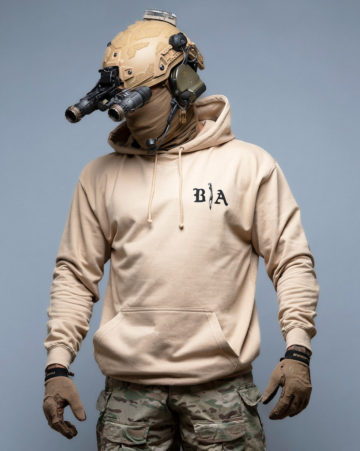 Man in the sand Live Hard Die Once Hoodie with helmet and night vision, front view