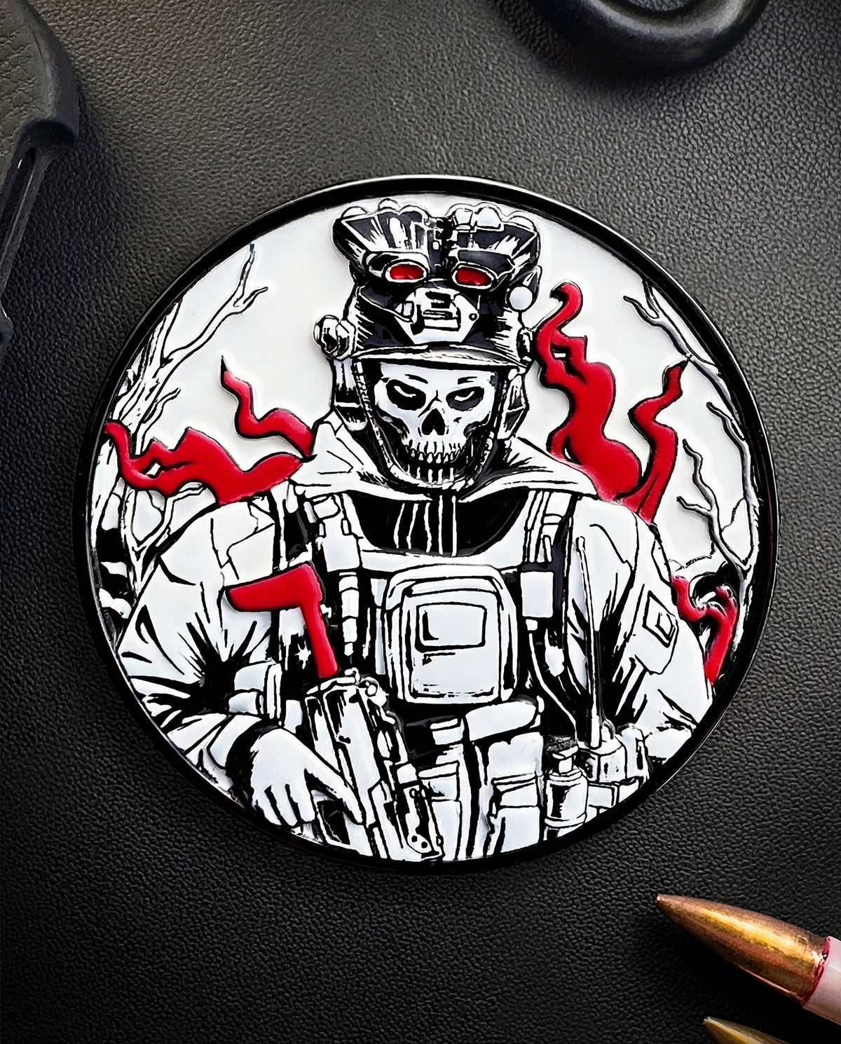 Front of the Hard Times challenge coin with a skeleton soldier in red and white