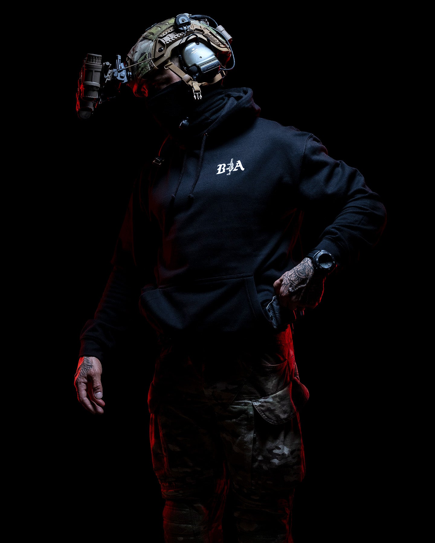 Operator with helmet and night vision in the black Hard Times Hoodie #color_black #in_field