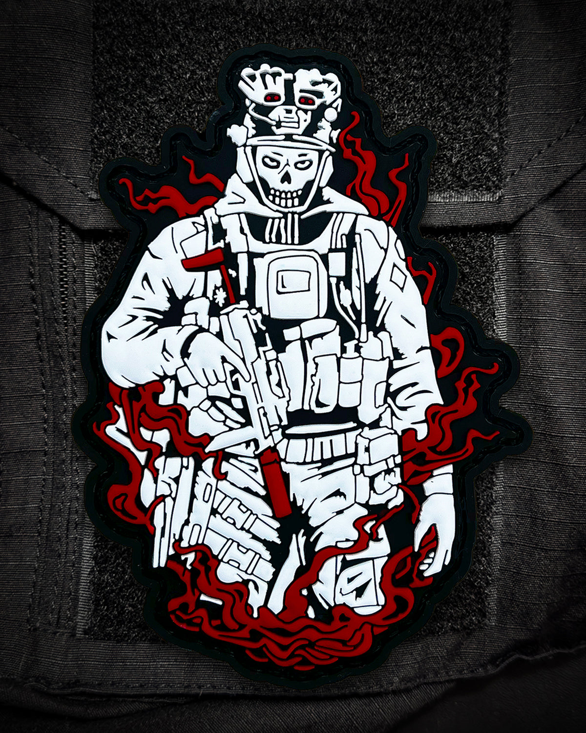 Hard Times 3D patch with a soldier and red flame accents
