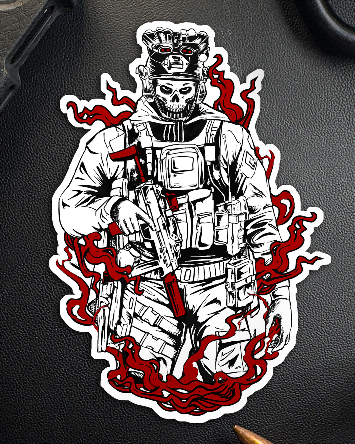Single Hard Times sticker showing a skeleton soldier with red flame accents