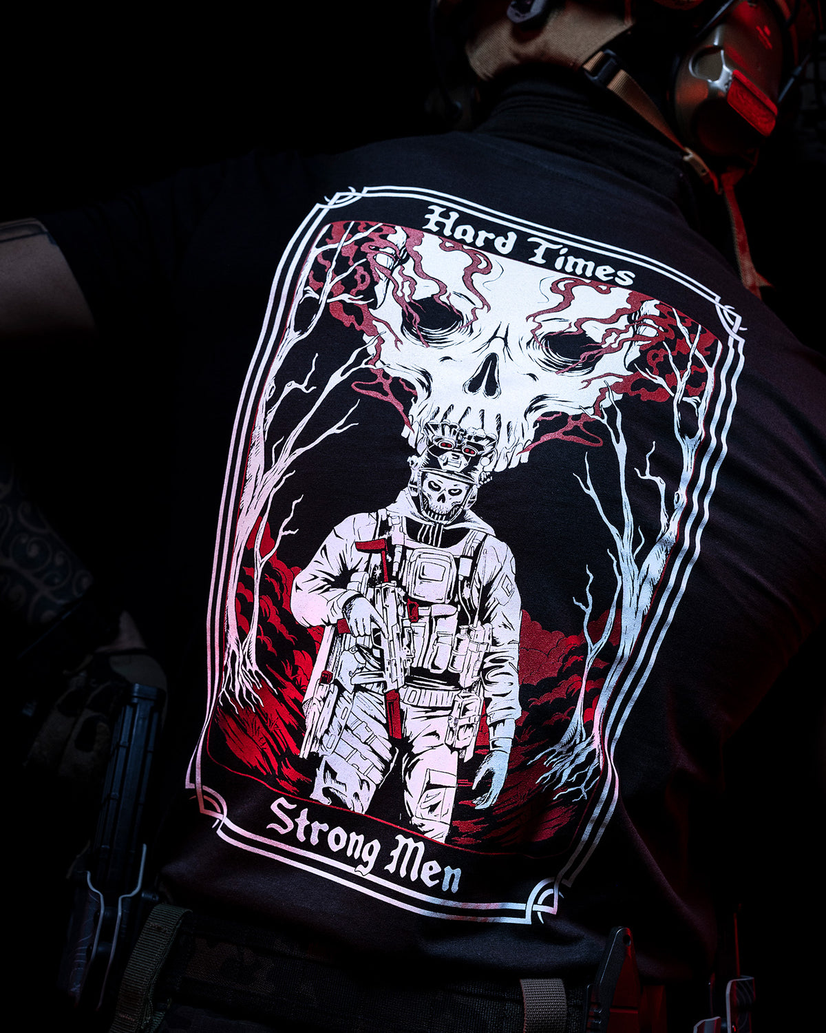 Close-up of the tarot card back print on the black Hard Times T-Shirt