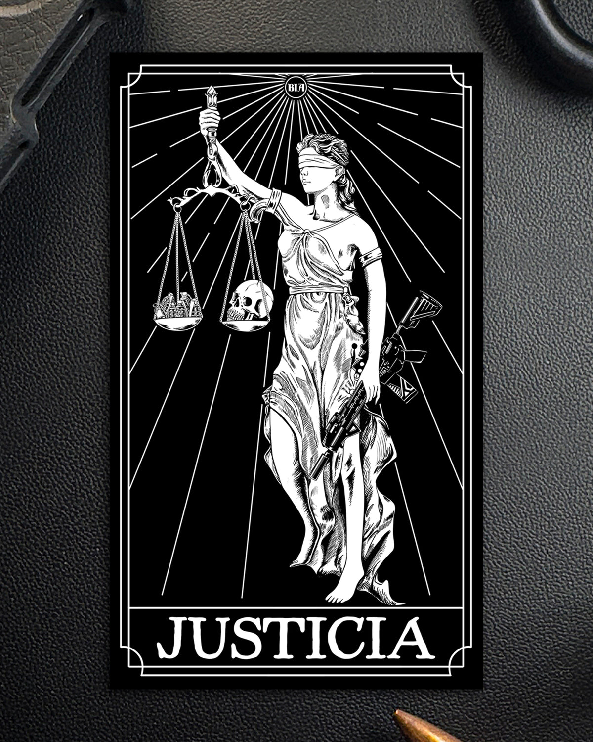 Single Justicia sticker in tarot card style showing Lady Justice with scales and sword