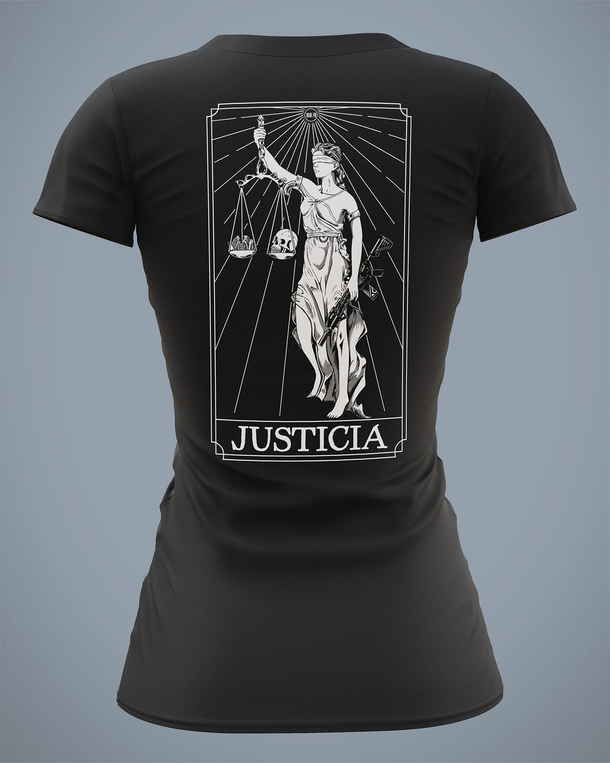 Black Justicia Women's Shirt shown from the back with the Lady Justice print