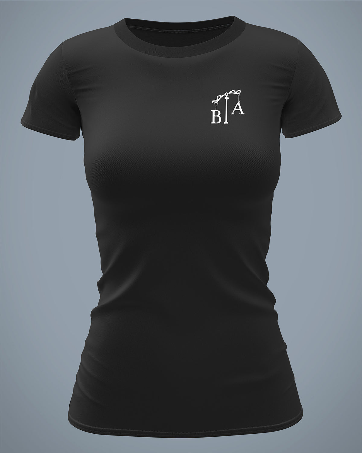 Black Justicia Women's Shirt shown from the front with the small chest logo