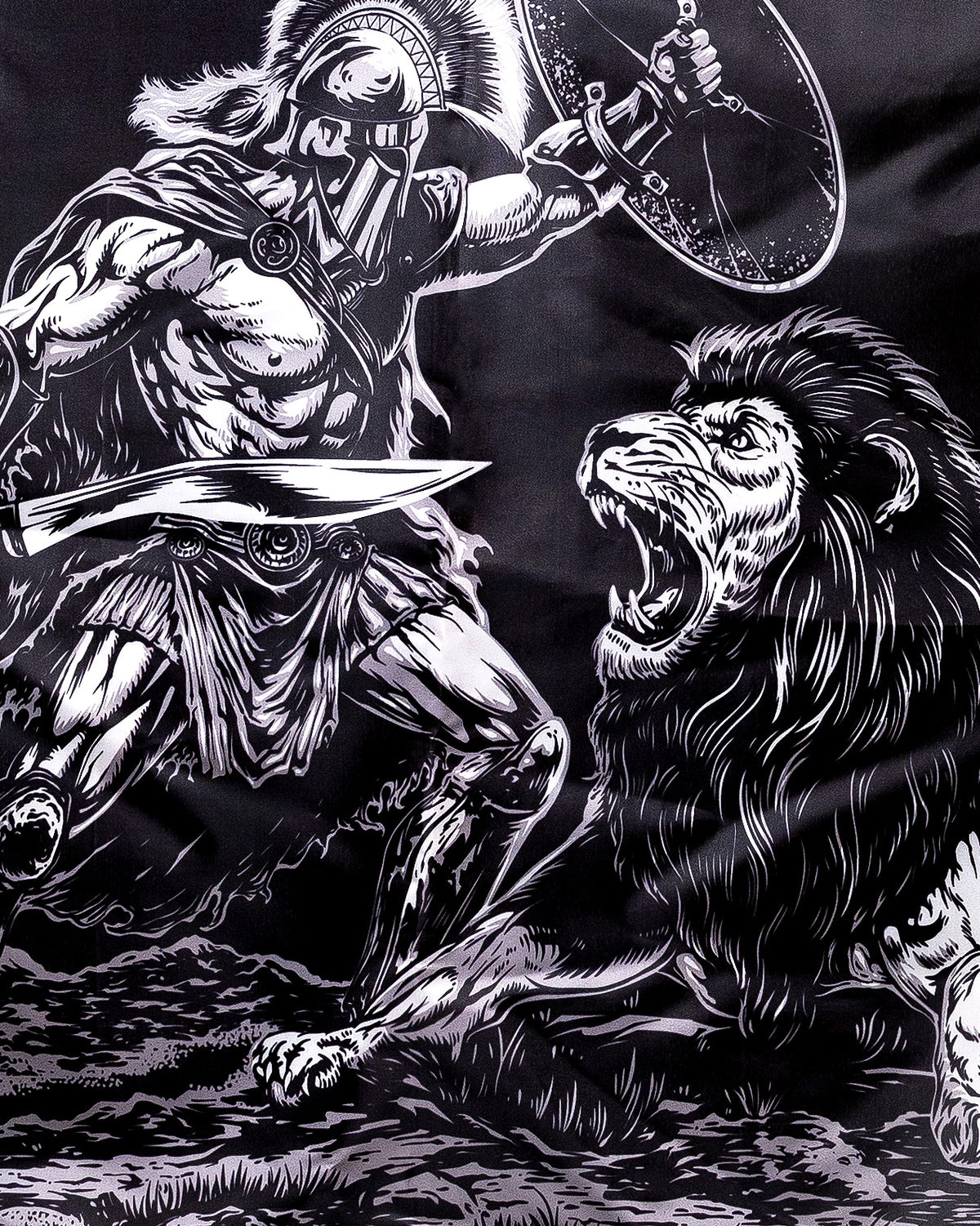 Close-up of the Die Once flag artwork with reaper and lion