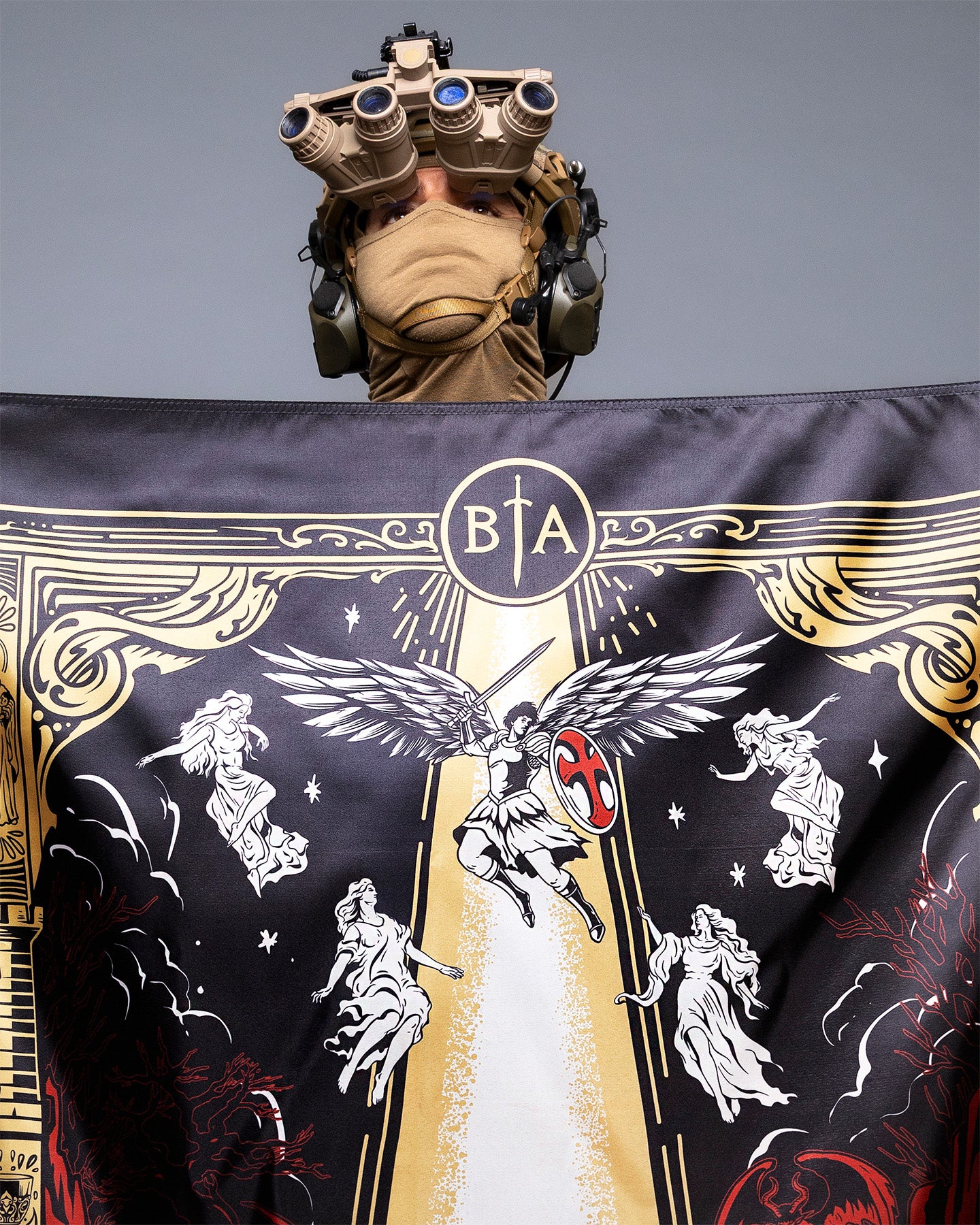 Person wearing tactical gear holding a banner with 'BIA' logo and angelic design - No Fear Flag
