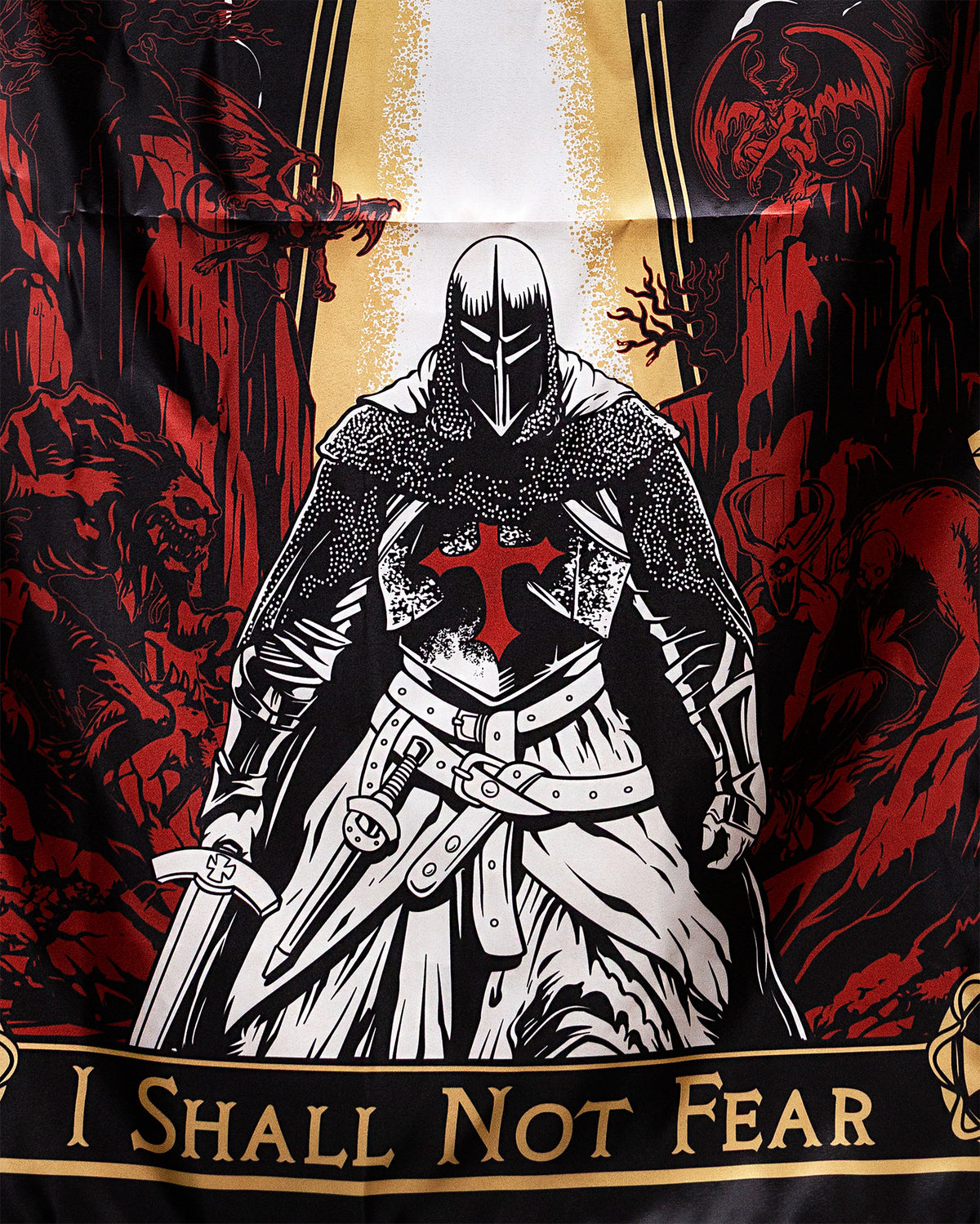 Close-up of the I Shall Not Fear flag artwork showing the knight against red demons