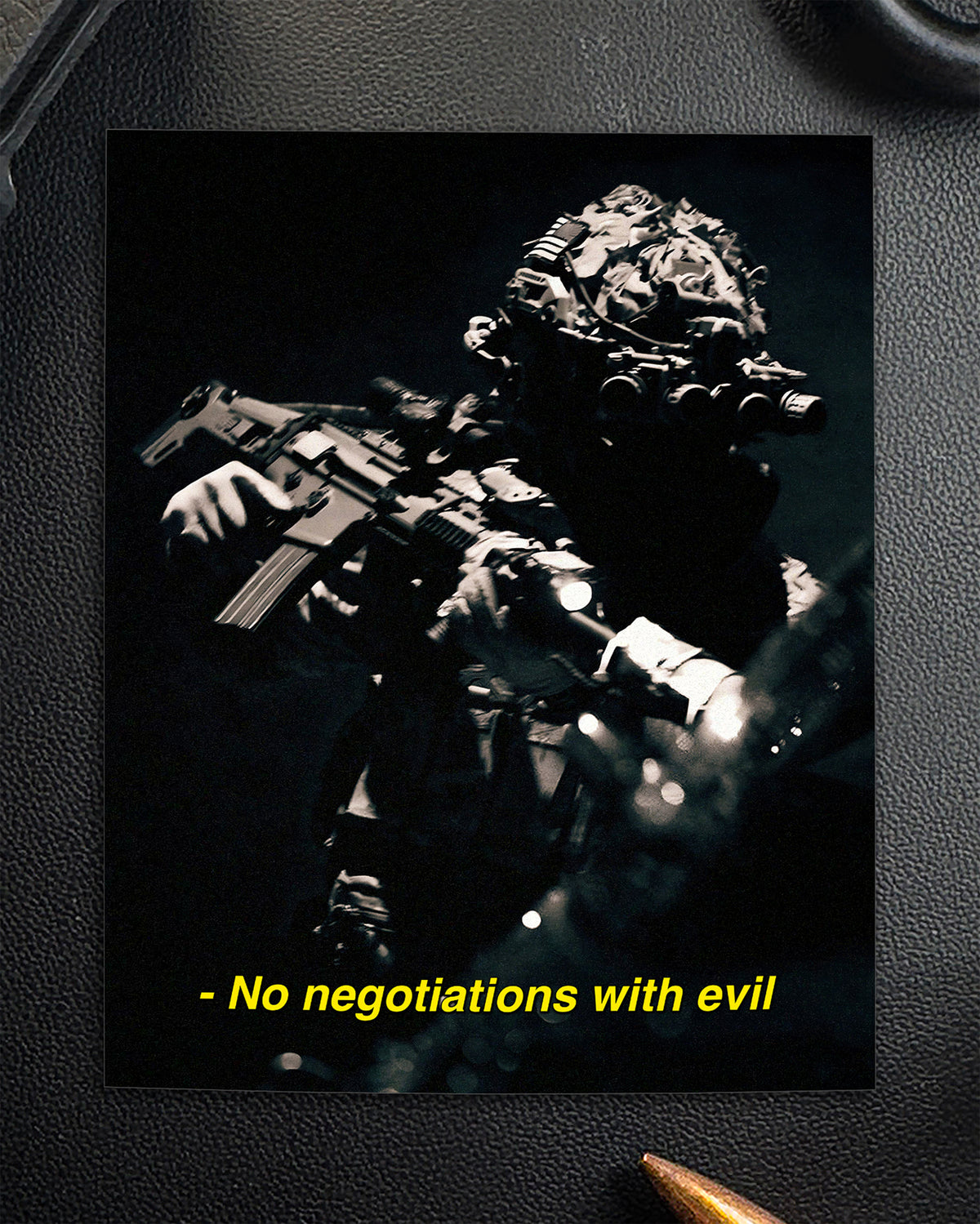 Single No Negotiations With Evil sticker showing a diver with a rifle