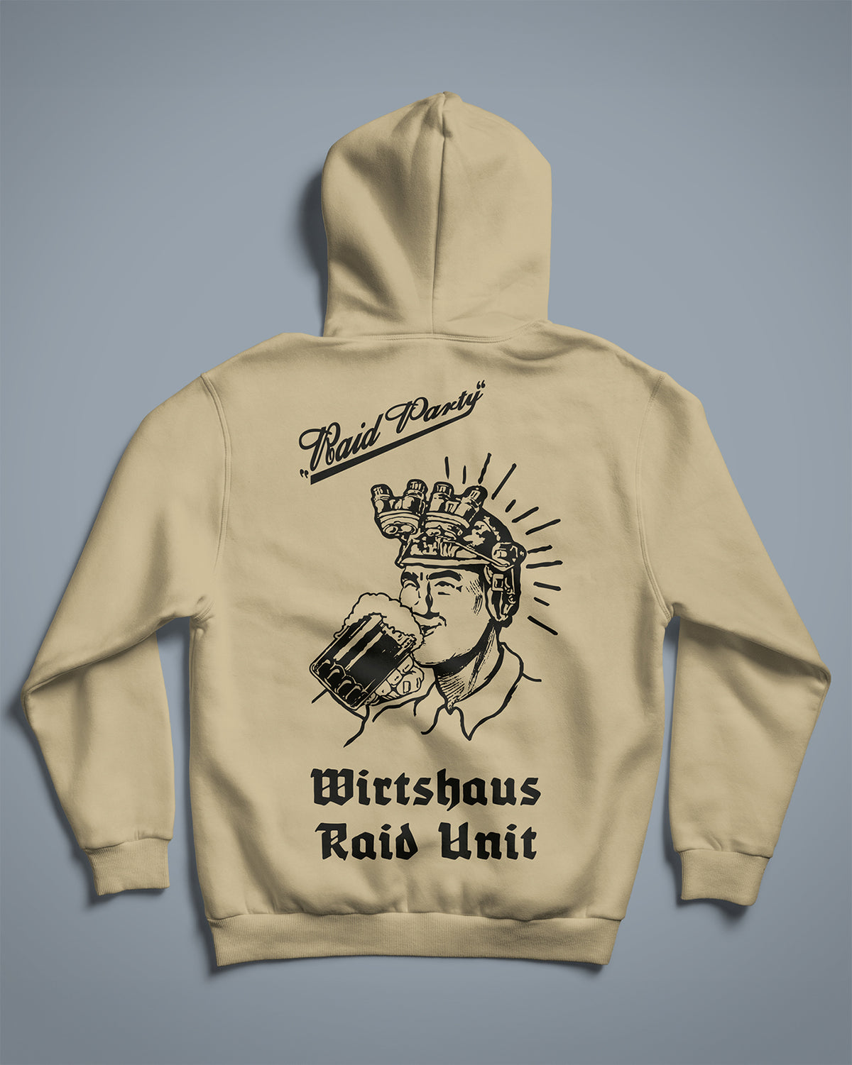 Sand Raid Party Hoodie laid flat, back with the full Wirtshaus Raid Unit print