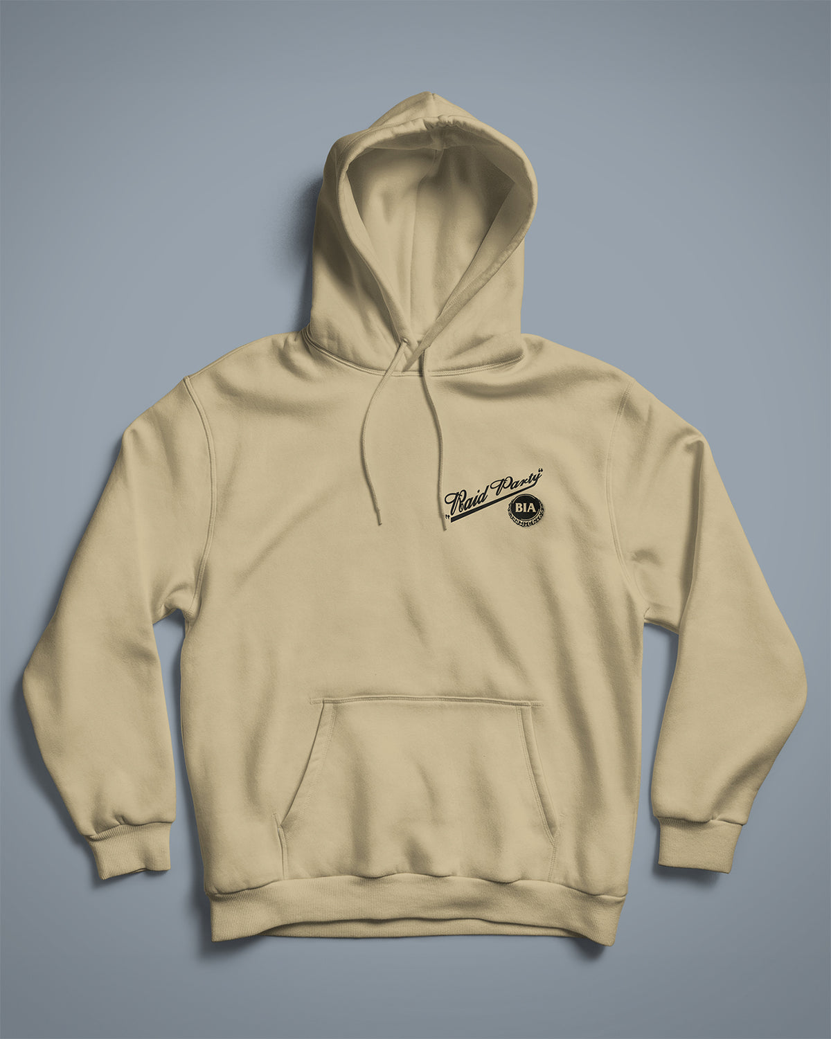 Sand Raid Party Hoodie laid flat, front with the small chest print