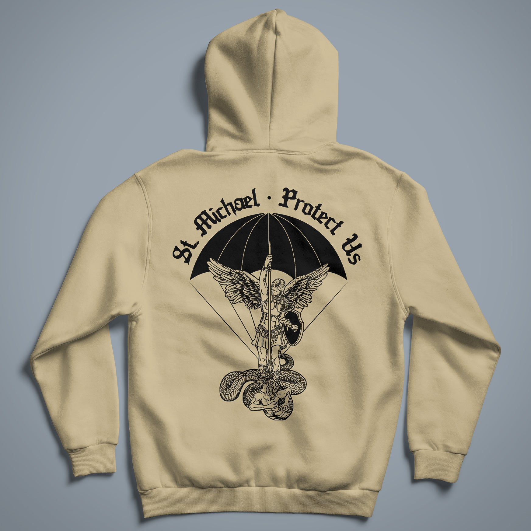 St. Michael - Protect us - Hoodie sand Backprint