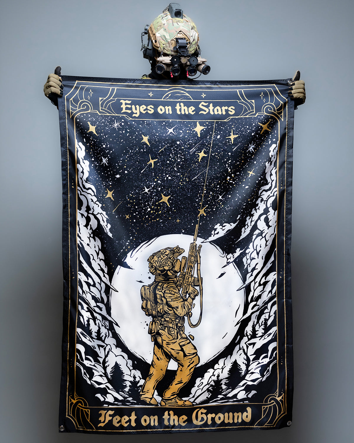 Eyes On The Stars flag with the soldier and star field artwork