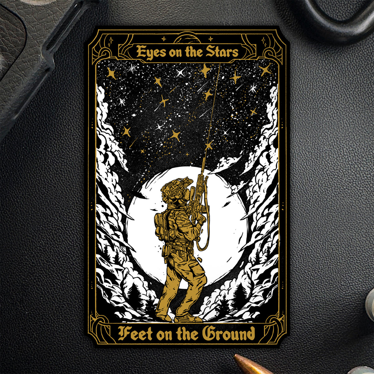 Single Eyes On The Stars sticker in tarot card style with gold framing