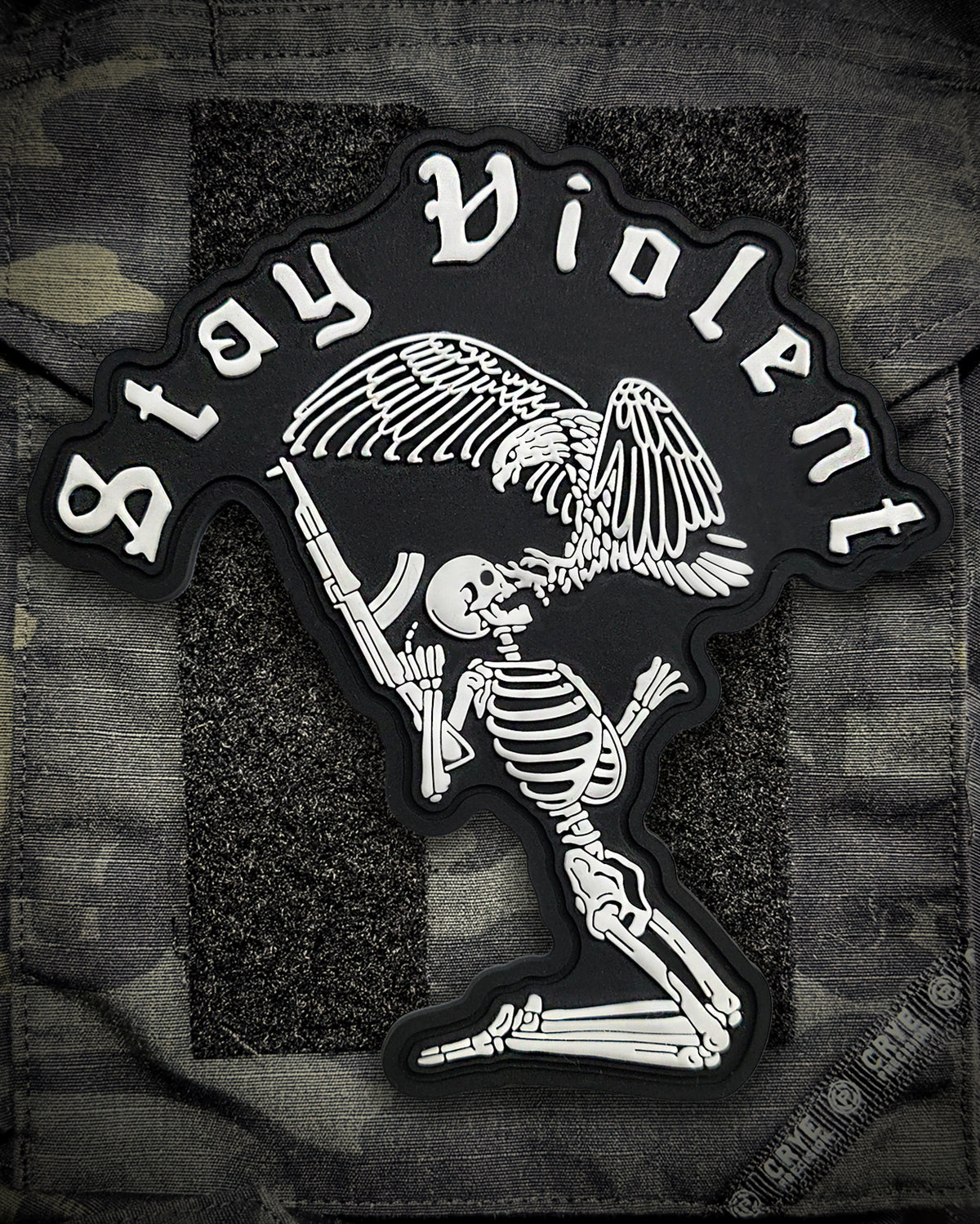 Stay Violent 3D patch with the skeleton artwork on a velcro panel