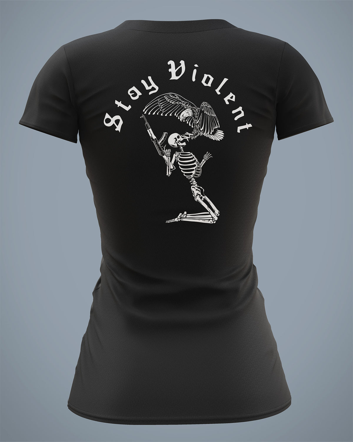 Black Stay Violent Women's Shirt shown from the back with the skeleton print