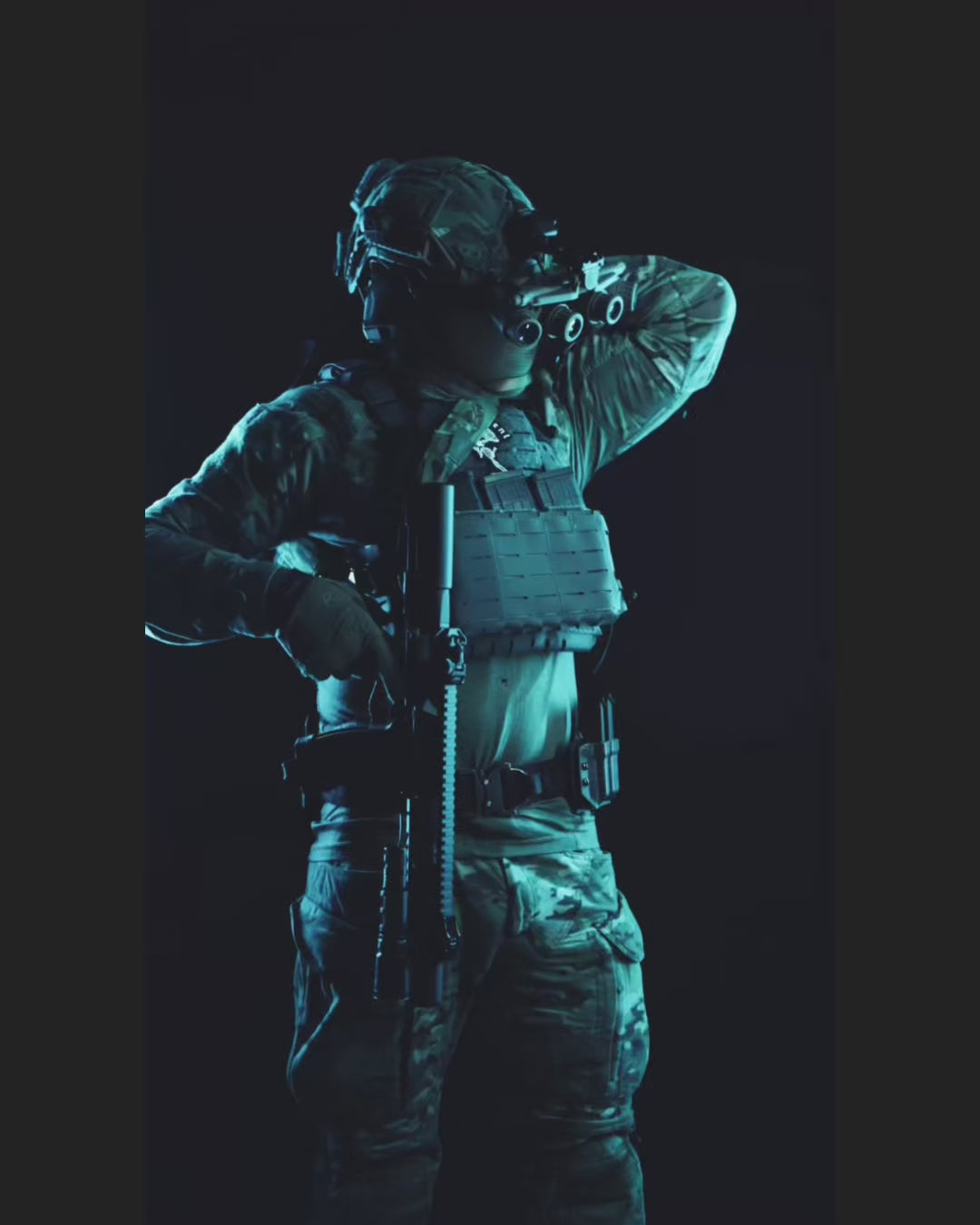 Product video of the Eyes On The Stars flag held by a soldier in full kit